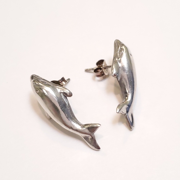 Vintage Jewelry - ❌️FINAL❌️ Dolphin Earrings Sterling Silver Vintage Post Earrings 1" Signed DBN